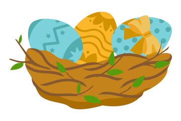 Easter bird nest with decorated eggs with spring flowers on white background. Design for the decoration of a greeting card, holiday banner, website