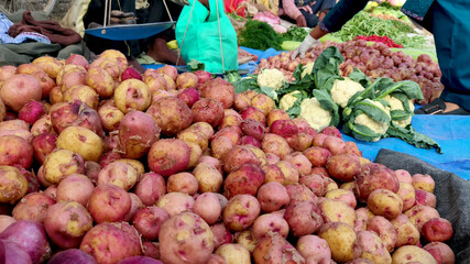Low angle view of woman with surgical gloves purchases potatoes from local Farmer's Market. Fresh green vegetables on sale. Healthy lifestyle.