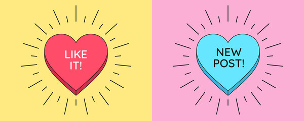 Like it button and New post banner. Social media templates with heart button inside sunburst