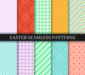 Easter seamless Patterns set. Eggs, Gingham. Polka Dot and Striped pattern designs collection. Endless texture for web, wrapping paper. Pattern templates in Swatches panel, easy to change in one click