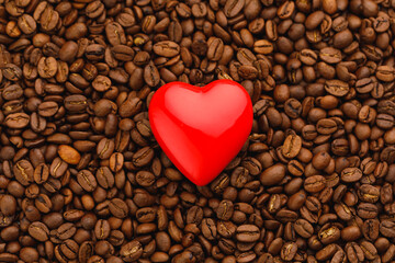 red heart shape on roasted coffee beans background