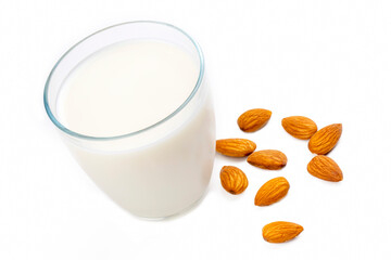 Almonds and almond milk on the white background