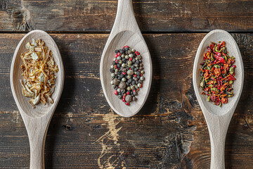 spices dried onions, assorted peppers and paprika flakes on a wooden spoons close up