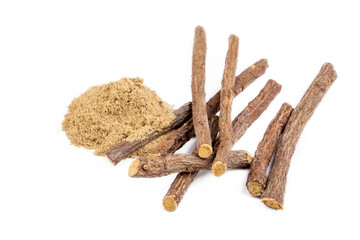 Licorice roots and licorice root powder on the white background