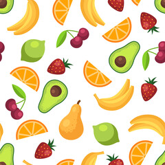 Fruits and berries seamless pattern. Banana, pear, lime, strawberry abd cherry. White background.