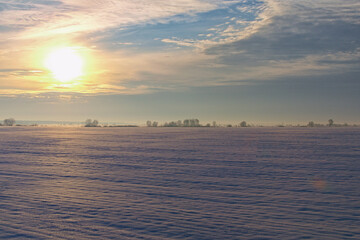 Naklejka premium Winter morning landscape view of meadow. Agriculture field is covered with a thick layer of white snow. Blue sky with sun rise in the background. Frosty morning. Ukraine