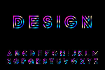 Gradient striped font - retro fashion style 80 - 90s. English colorful vector alphabet - creative linear latin letters