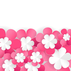 Pink paper flowers on white background, floral border element