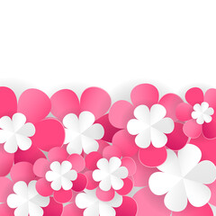 Pink paper flowers on white background, floral border element