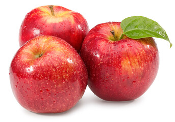 red apple with green leaf isolated on white background. clipping path.