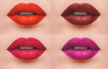 Sensual lips Lipstick swatches set of close up photo Female open mouth with four different lipstick...
