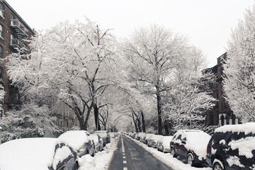 Winter scene with snow covered cars parked along streets in Brooklyn, NY. Brownstones in winter...