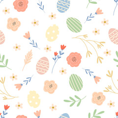 Seamless pattern with cute Easter eggs and hand-drawn colorful flowers