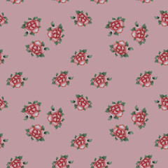 Seamless patterns. Red rose flowers with leaves on a pink background. Watercolor. botanical flowers for holiday design, Valentines Day, decor and decoration