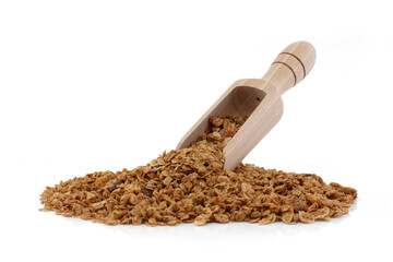 Granola on white background with wooden scoop