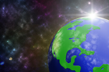 Obraz na płótnie Canvas 3d image illustration simulated earth or blue & green planet on colorful galaxy space background contains dust and fog, that bright scatters starlight and many shining stars with sun flare