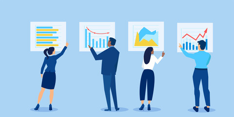 Vector of businesspeople analysing financial reports and investment opportunities reviewing charts and graphs
