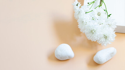 Brunch of white chrysanthemums and white natural stones on the beige background. Nice design for greeting or invitation, banner with copy space.