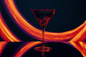 Glass of alcohol in fiery neon lights on background - 411957524