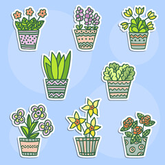 Set of stickers with doodle potted flowers
