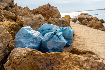 Rubbish on the beach. Ecological problem. Beach pollution
