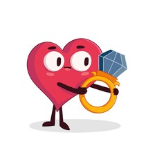 Special illustration for Valentine's Day; Heart figure solitaire ring in hand. Cartoon.