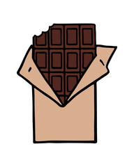 Bitten chocolate bar in an open craft wrapper. Painted object with hand drawn black outlines isolated on white background. Vector illustration for design, decoration
