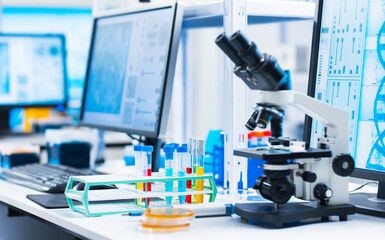 Interior of modern scientific research laboratory. Genetic engineer workplace. Future technology and science.