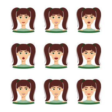 Set of emotions of beautiful girl with dark hair. Set of different female emotions, vector illustration