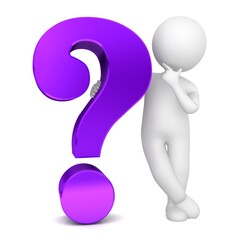 Question mark purple interrogation point asking man thinking worried pondering person stick figure 3d