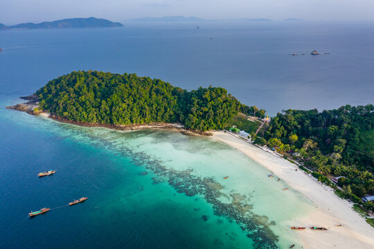 Aerial drone view of a small tropical island in the Mergui Archipelago, Myanmar (Swinton Island)