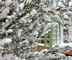 Snowy winter greenhouse scene