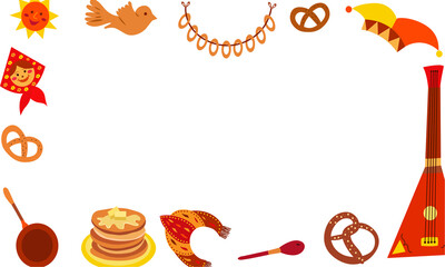 Maslenitsa frame. Shrovetide. Maslenitsa elements - pancake, balalaika, sun, bagels, kokoshnik. Pancake week. Vector cartoon illustration.