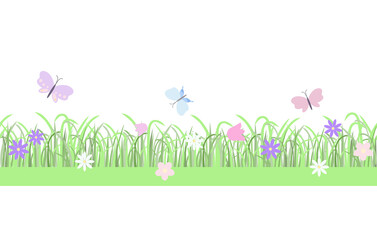 Easter floral composition of early spring green grass with cute flowers seamless horizontal border, flat style vector illustration for spring festive time decor, cards, poster, banners, web design