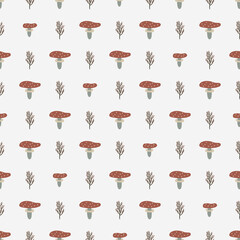 Seamless pattern with cute mushrooms and plants for stationery, textile, fabric, decoration, wrapping paper