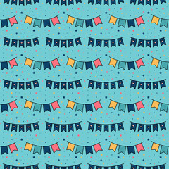 Obraz premium Vector Cartoon Bunting Seamless Pattern. Festival Flag Garlands and star confetti. Birthday, Christmas Holiday Party Decoration. Background for design scrapbooking, wrapping paper, card, textile