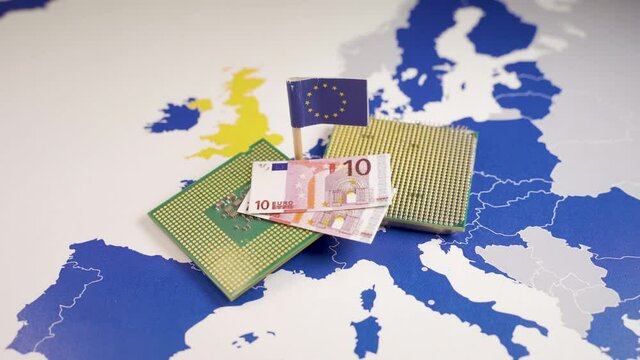 CPU and euro bills over an EU map, symbolizing the Digital Euro. European and the national central banks of the euro area are exploring the benefits and risks of a digital coin.