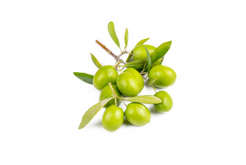 Green fresh olives on the white background