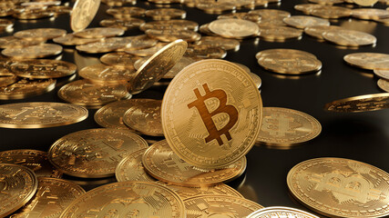 Crypto currency Gold Bitcoin, BTC, Bit Coin. Best shot of Bitcoins. Blockchain technology, bitcoin mining concept