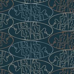 Seamless pattern with abstract geometric oval ornamental lined shapes on blue