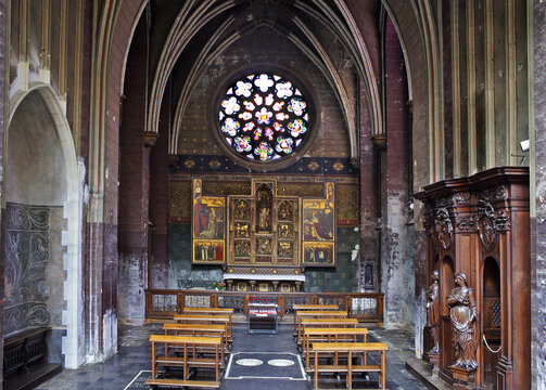 St Joseph retable in a side chapel of the cathedral. The Cathedral is the Gothic jewel of the city, Antwerp, Belgium