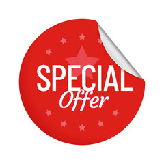 Special offer round adhesive badge with curved corner. Red circle sticker with metallic curly angle. Label for business trading, promotion isolated on white element vector illustration