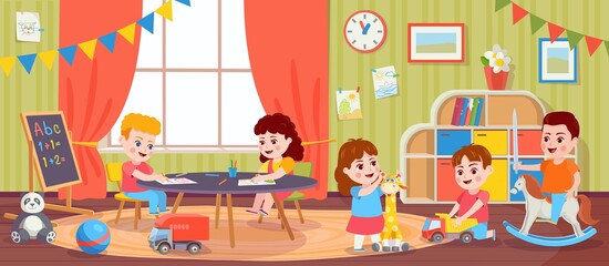 Children playing in room. Kids activity in kindergarten. Cartoon preschool boys and girls play toys and draw. Vector playroom with toddlers. Female and male characters having entertainment