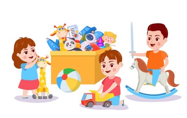 Obraz premium Kid playing with toys. Children and box with toy cars, blocks and bear. Boy play pretending on rocking horse. Kids activity vector concept. Child with car and giraffe. Funny games for friends