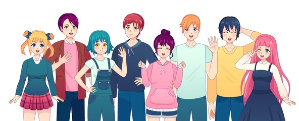 Group of anime characters. Young manga girls and boys friends in japanese comic style. Smiling korean male and female students vector set. Happy kawaii school people in casual clothing
