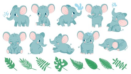 Obraz premium Baby elephants. Cute cartoon animal and tropical leaves. Baby shower elephant sleeps, sits and does water jet. Nursery decoration vector set for birthday invitation and greeting card
