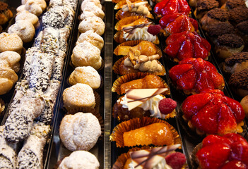 French and Italian sweets in cake shop display