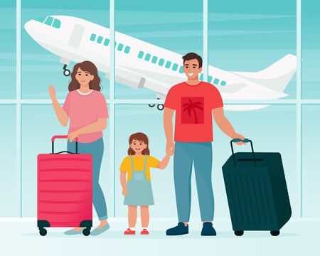 Family traveling at the airport with suitcases. Time to travel concept. Vector illustration in flat style
