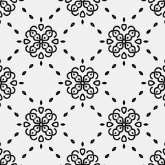 

Raster geometric ornament. Black and white seamless pattern with star shapes, squares, diamonds, grid, floral silhouettes. Simple monochrome ornamental background. Repeat design for decor, print