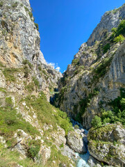 The Cares river canyon along the Cares Route in the heart of Picos de Europa National Park, Spain. Narrow and impressive canyon between cliffs, bridges, caves, footpaths and rocky mountains.